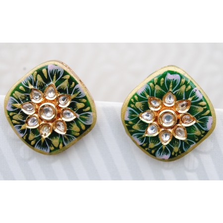  Enamel Floral Square Gold Stud Earrings